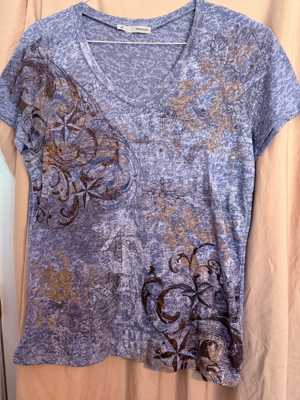 Maurices Blue V-Neck Tee with Tan & Brown Floral Accents